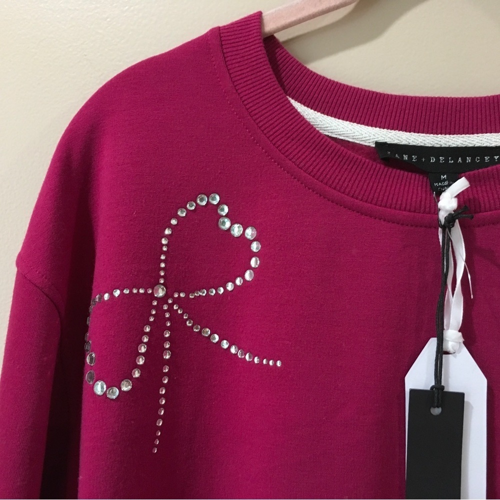 NWT Jane and Delancey Women’s M Pink Rhinestone Bow Sweatshirt Fleece Lounge - Picture 3 of 5